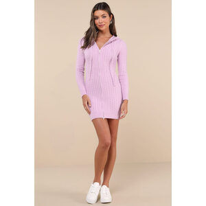 Lulus Cozy Aura Lilac Cable Knit Zip-front Hooded Sweater Mini Dress Purple